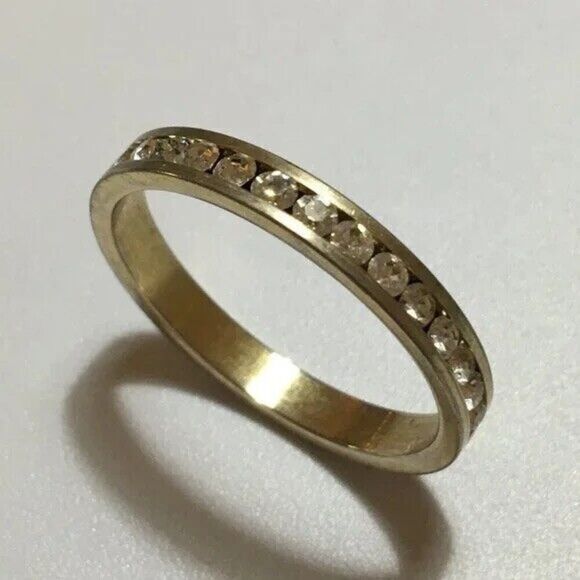 Gold Plated Channel Set Rhinestone Band Eternity Ring Size 8.75 Glass Stones - Picture 1 of 10